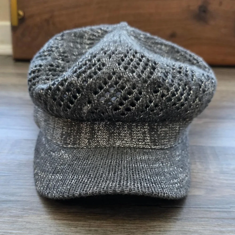 Vintage Style Gray Shiny Mesh Crochet Newsboy Cadet Cap Hat Slouchy Y2K FG173162